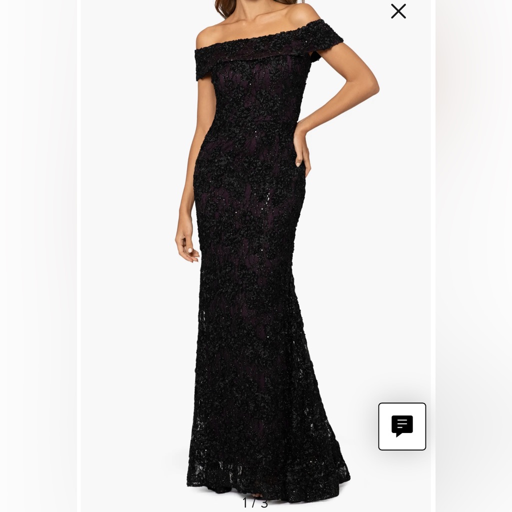 Off The Shoulder Sequin & Lace Xscape Trumpet Gown, Size 10 Purple & Black
